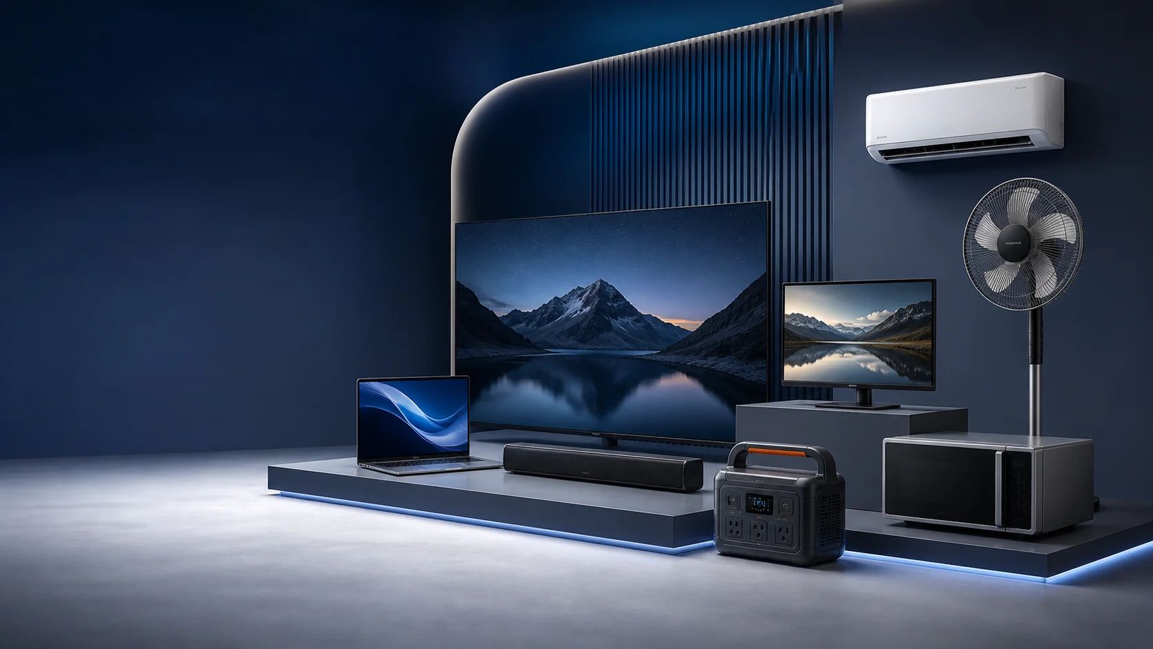 Television, computer, audio and home electronics in a dark blue studio