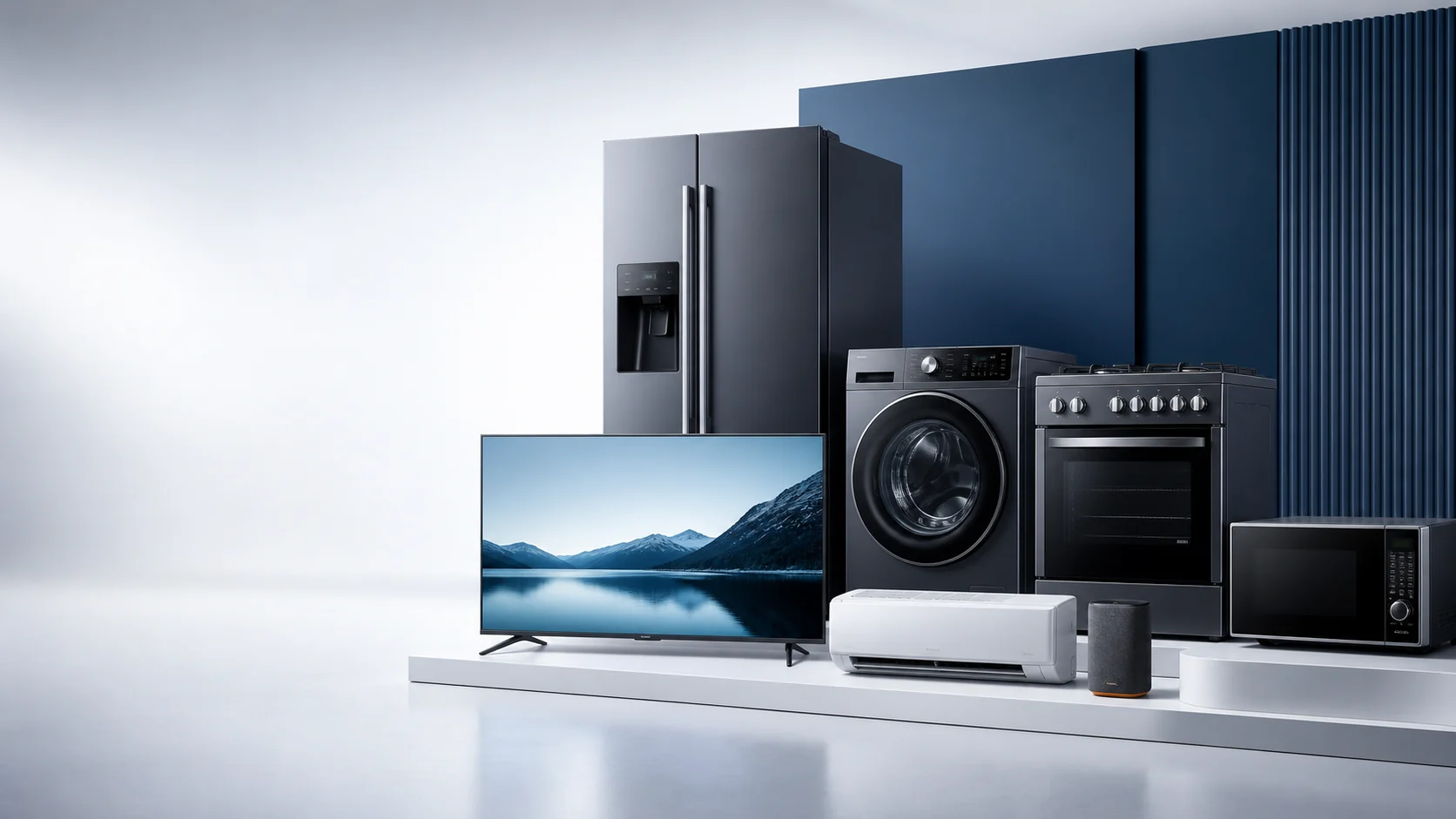 Modern home appliances and electronics in a bright studio